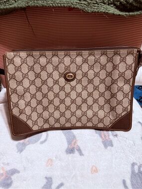 Gucci Beige GG Supreme Canvas Pouch with Brown Leather Trim